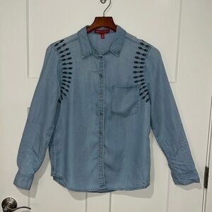 Saks Fifth Avenue Denim Button Doen with Embroidery Sz S